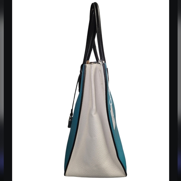 Michael Kors Large Mercer Teal Blue, Black, White Crossbody Leather Tote - Picture 3 of 10